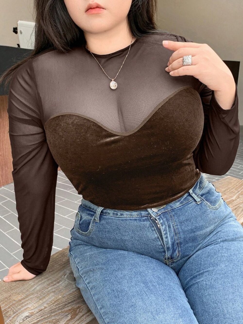 Brown Casual Women's Contrast Mesh Sheer Mock Neck Crop Tee - Picture 4 of 6